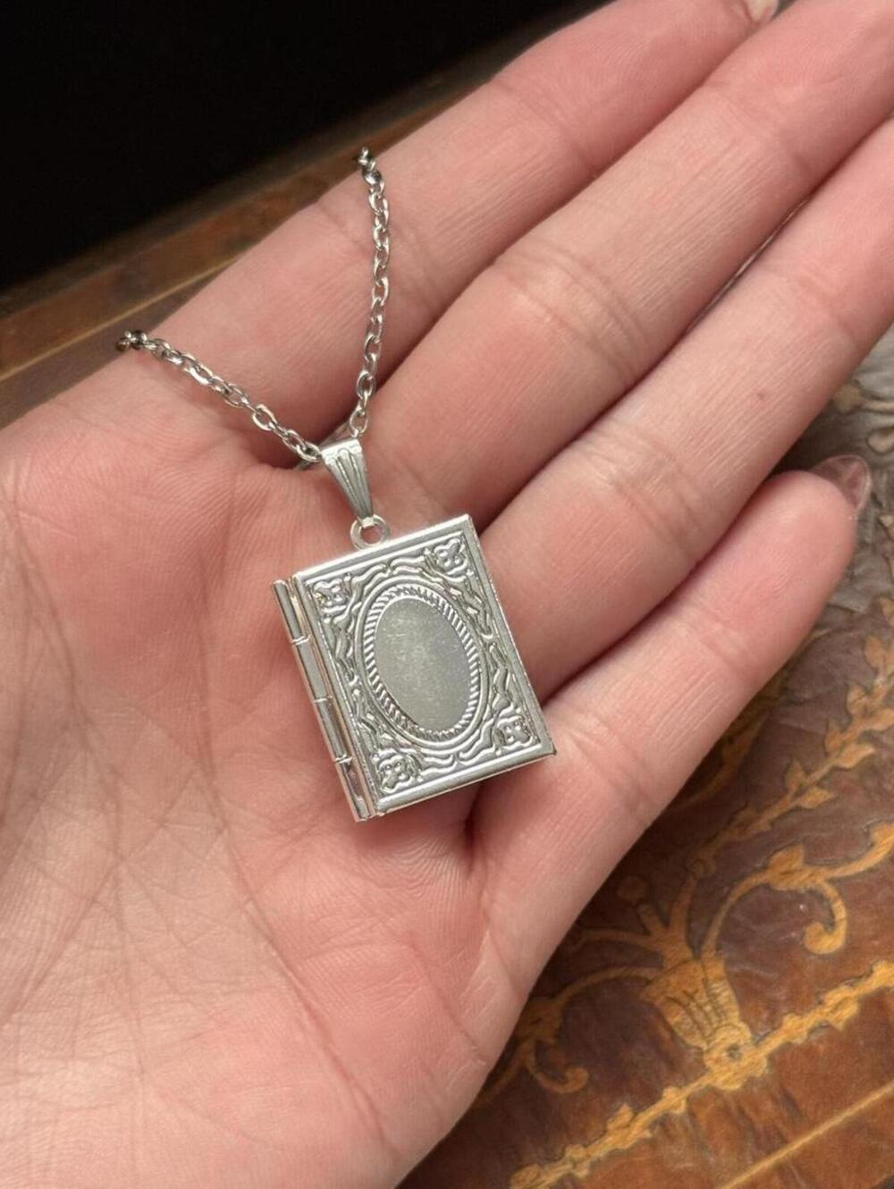 Vintage Style Silve Tone Book Locket Necklace